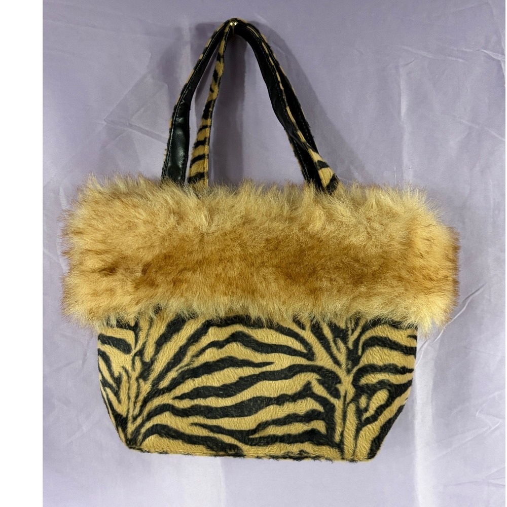 Tiger Print Faux Fur Trim Tote Bag with Detachable Crossbody Strap Y2K Style